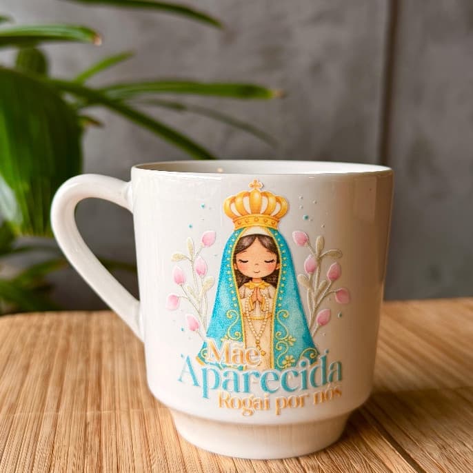 caneca xicara de nossa senhora aparecida infantil porcelana louça leve e resistente presente lembrança