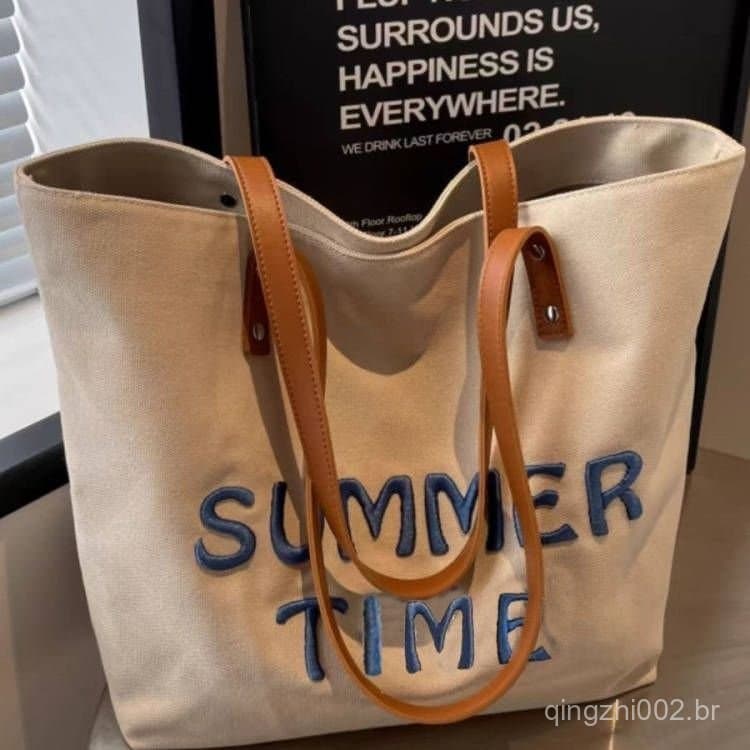 Bolsa de Lona com Letras Bordadas para Mulheres, Bolsa de Grande Capacidade para o Dia a Dia, Bolsa Versátil de Ombro Ún
