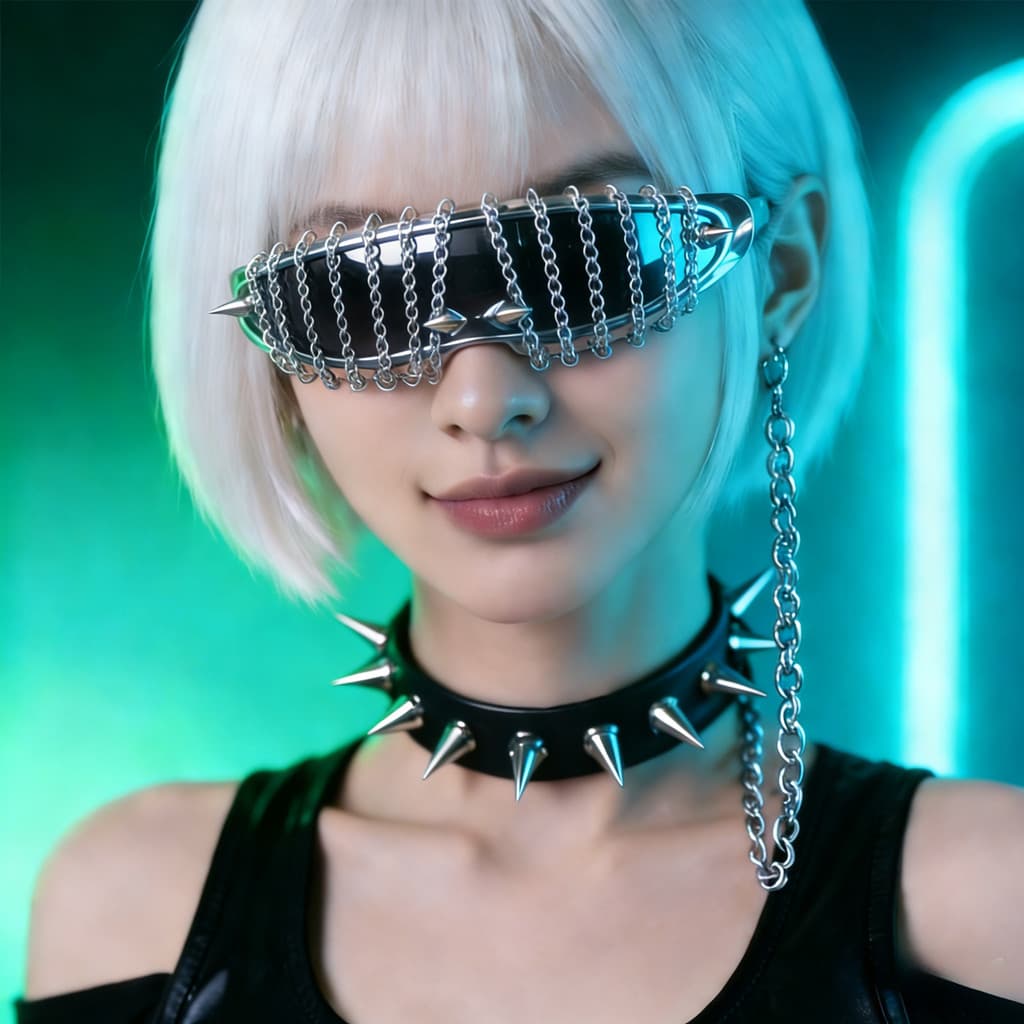 Cyberpunk corrente decoração óculos de sol rebites estilo tecnologia óculos planos boate rua personalidade usar óculos d