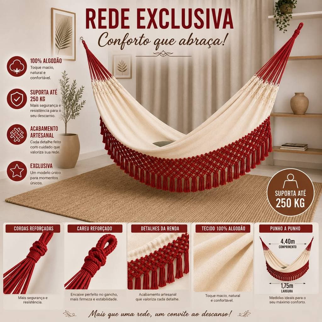 Rede de Dormir Casal Grande 100% Algodão Reforçada com Renda 4,40m