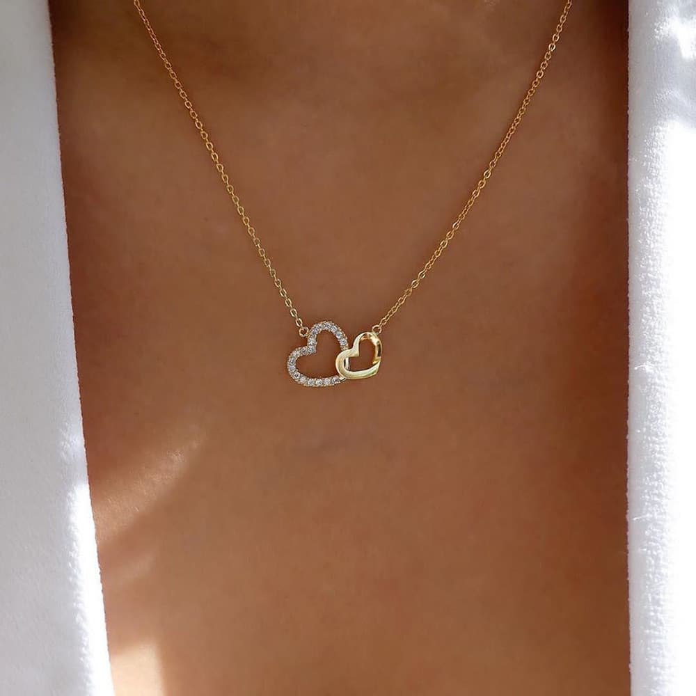 Fábrica dz versão coreana simples cravejado de diamantes amor pingente colar temperamento romântico duplo pêssego coraçã