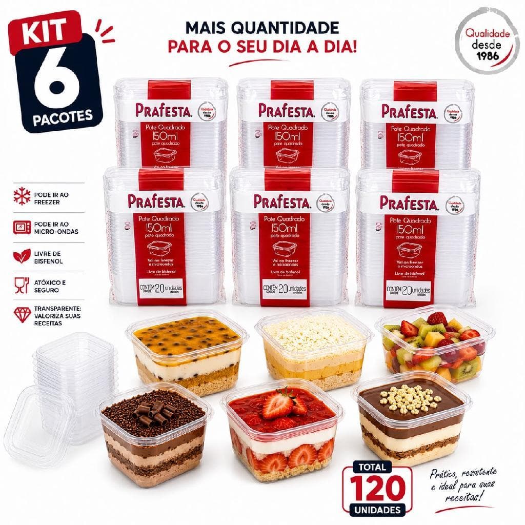 120un. Pote Quadrado Bolo Freezer Microondas 150ml Prafesta
