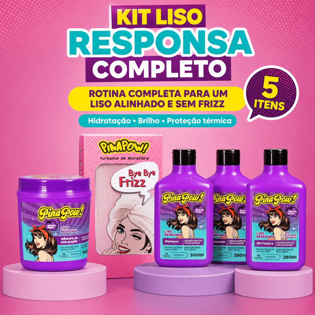 Kit Pinapow Liso Responsa Completo | Shampoo + Condicionador + Defrizante + Máscara + Turbante | Hidratação e Antifrizz