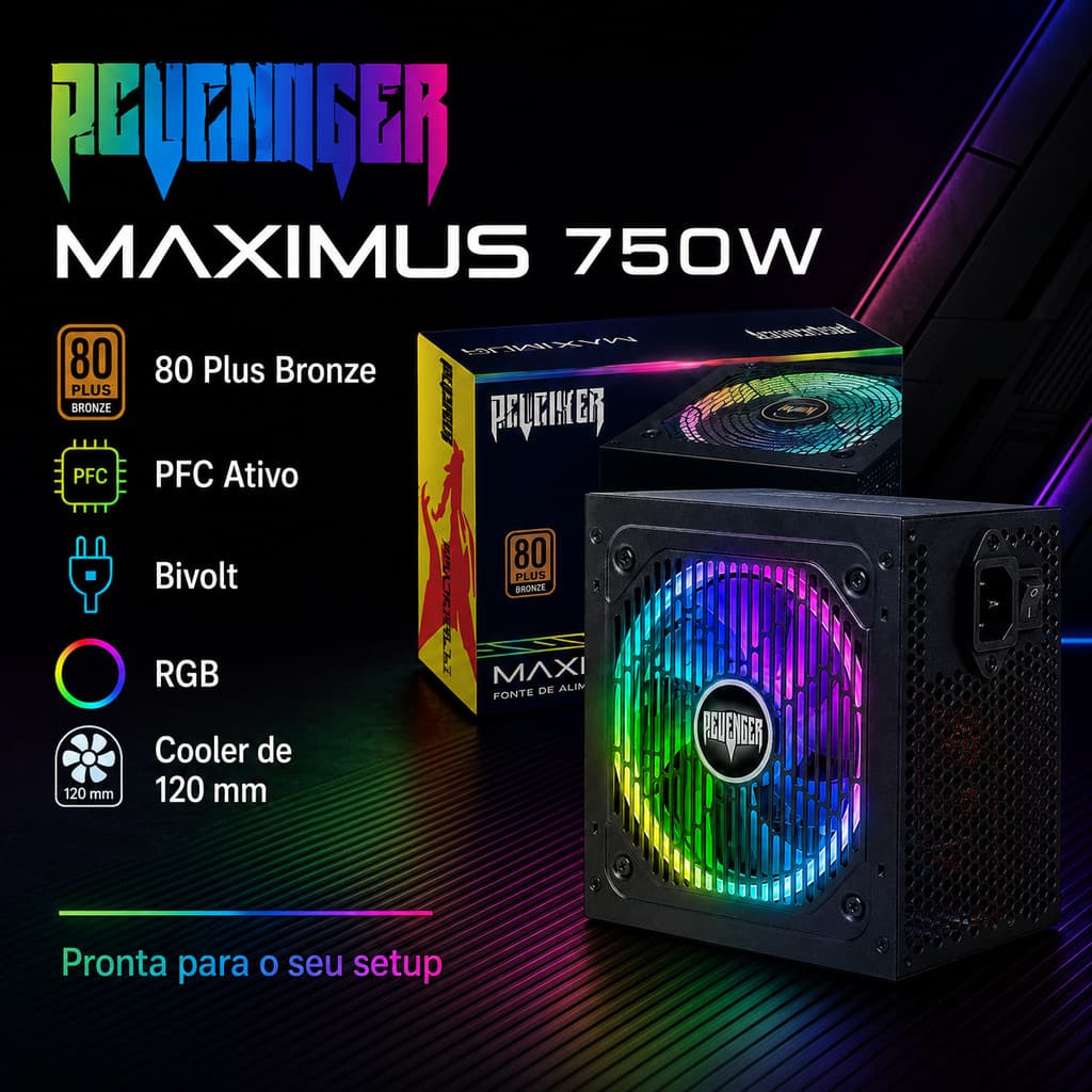 Fonte de Alimentação 750W ATX RGB 80 Plus Bronze Bivolt, PFC Ativo, Cooler 120 mm,  25 Modos de Iluminação, PC Gamer