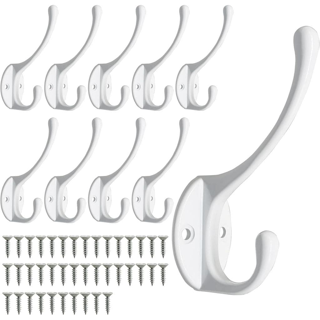 Ganchos Para Casacos Resistentes Montados Na Parede , Brancos , Pacote Com 10 | Duplos De Metal , Casaco , Cachecol , Bo