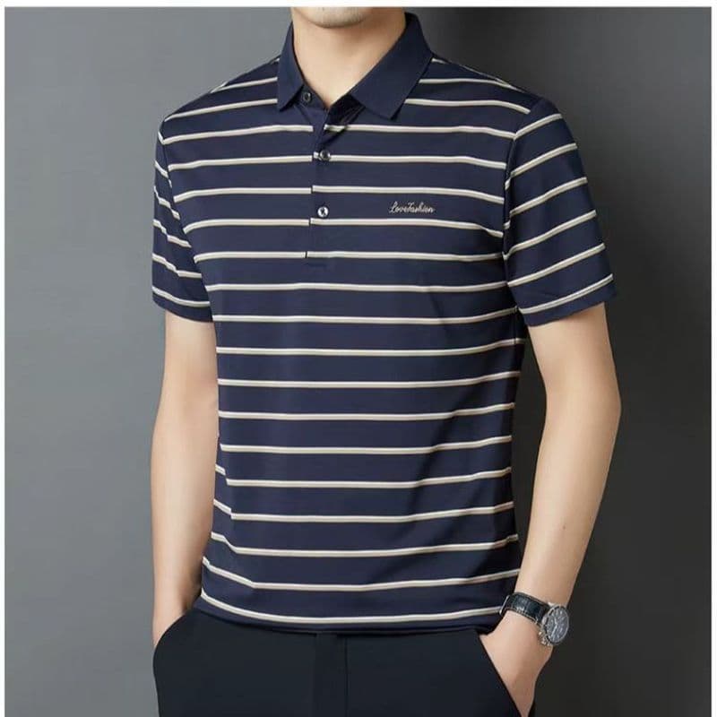 2026 imitação de seda gelo riscas camiseta masculina Casual lapela pulôver fino camisa de manga curta masculina