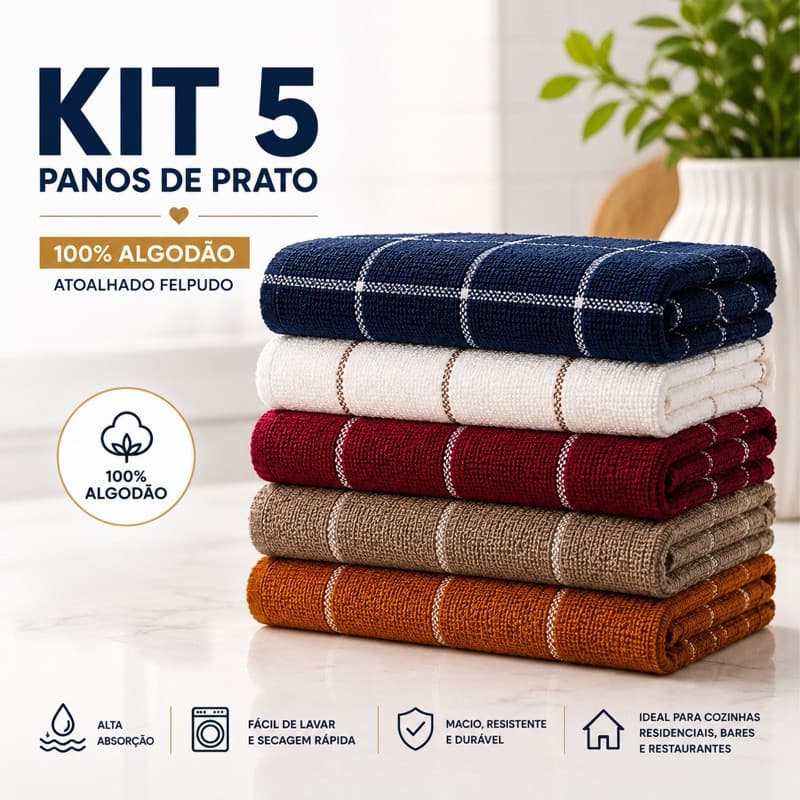 KIT 5 Pano De Prato Copa Atoalhado Xadrez Felpudo 100% Algodão