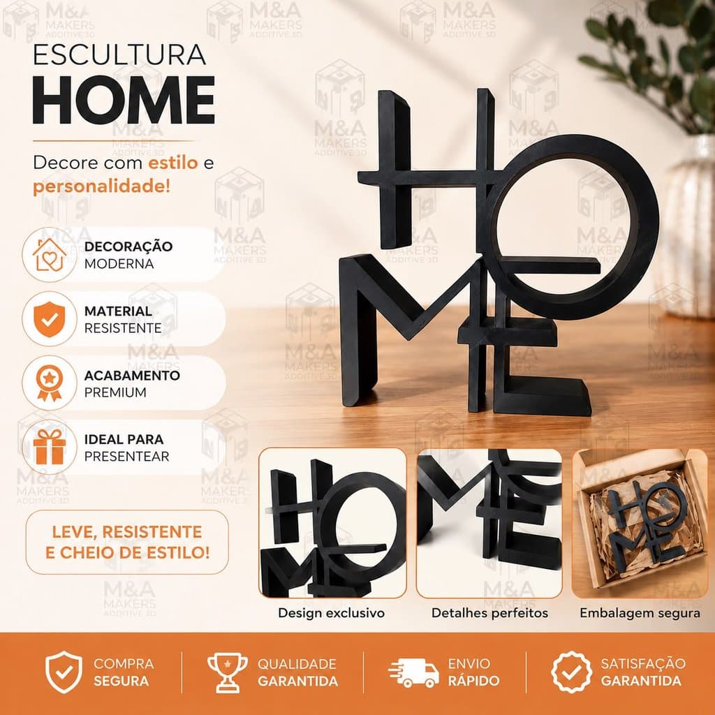Placa Decorativa HOME decoração de  Mesa Estante Decoração Casa Enfeite Moderno Decoração Lar Familia 3d