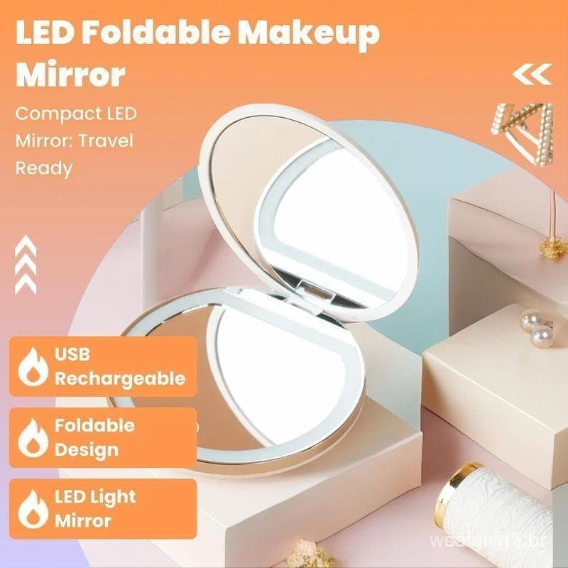Espelho de Maquiagem Portátil e Dobrável, Espelho de Maquiagem de Viagem de Luxo com Luz LED, Espelho Compacto