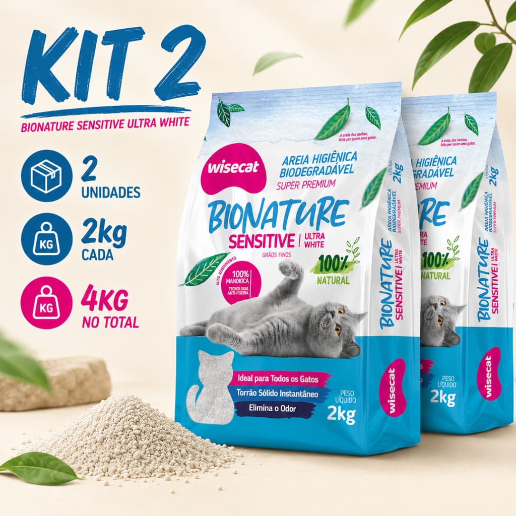 Kit 2 Areia Sanitária De Mandioca Grãos Finos Para Gatos Biodegradável Wisecat 2kg