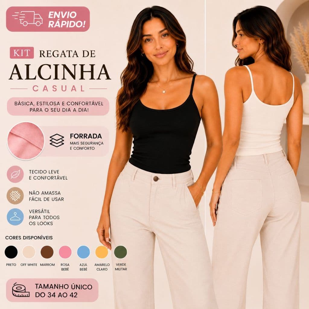 Kit Regata Alcinha Casual Virgínia - Alça Fina Confortável, Poliamida, Toque Macio Com Forro