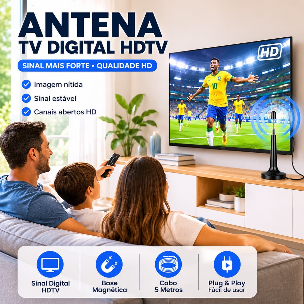 Antena TV Digital HDTV 5m Sinal Digital VHF UHF Base Magnética Interna Externa