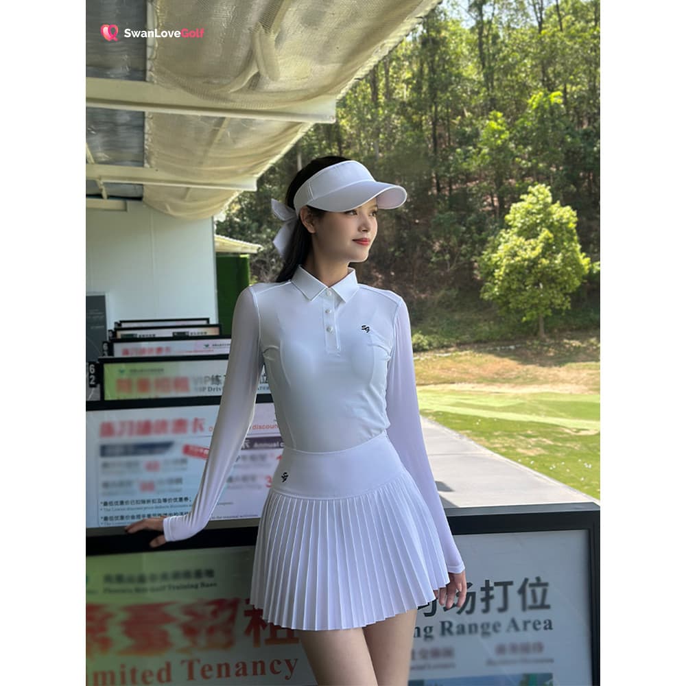 SG Golf feminino verão estilo fino seda gelo manga comprida lapela camiseta terno branco puro forro Anti-reflexo saia fe
