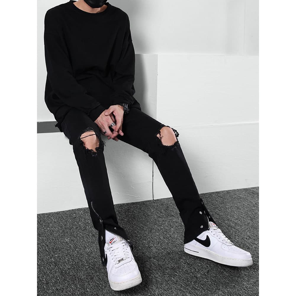 Calças rasgadas calças de brim masculinas fino-ajuste pés pequenos preto High Street Breasted zíper calças masculinas ca