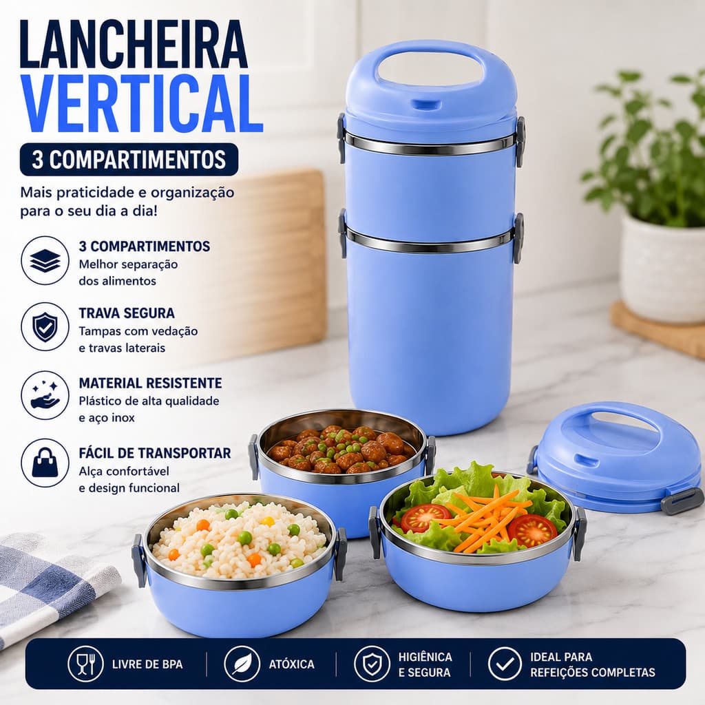 Lancheira 3 Compartimentos 1080ml com Alça para Refeição