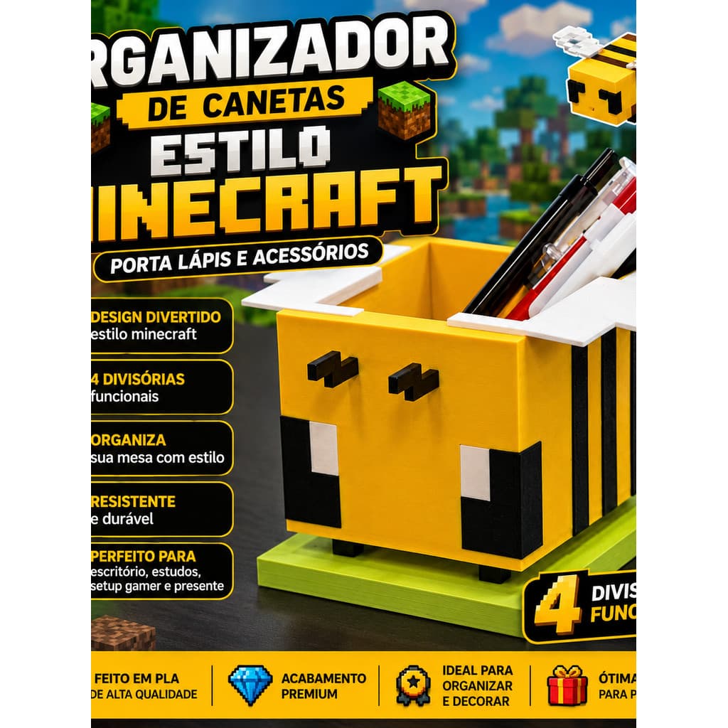 Organizador de Canetas Estilo Minecraft Abelhinha Porta Lápis Porta Trecos Organizador de Mesa Gamer Infantil Escritório