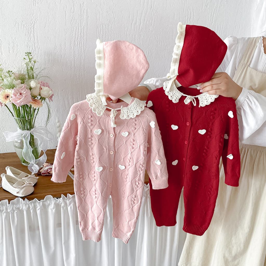 Feminino bebê outono amor impresso longo macacão bebê arco renda pneu chapéu simples lã terno WHGZ