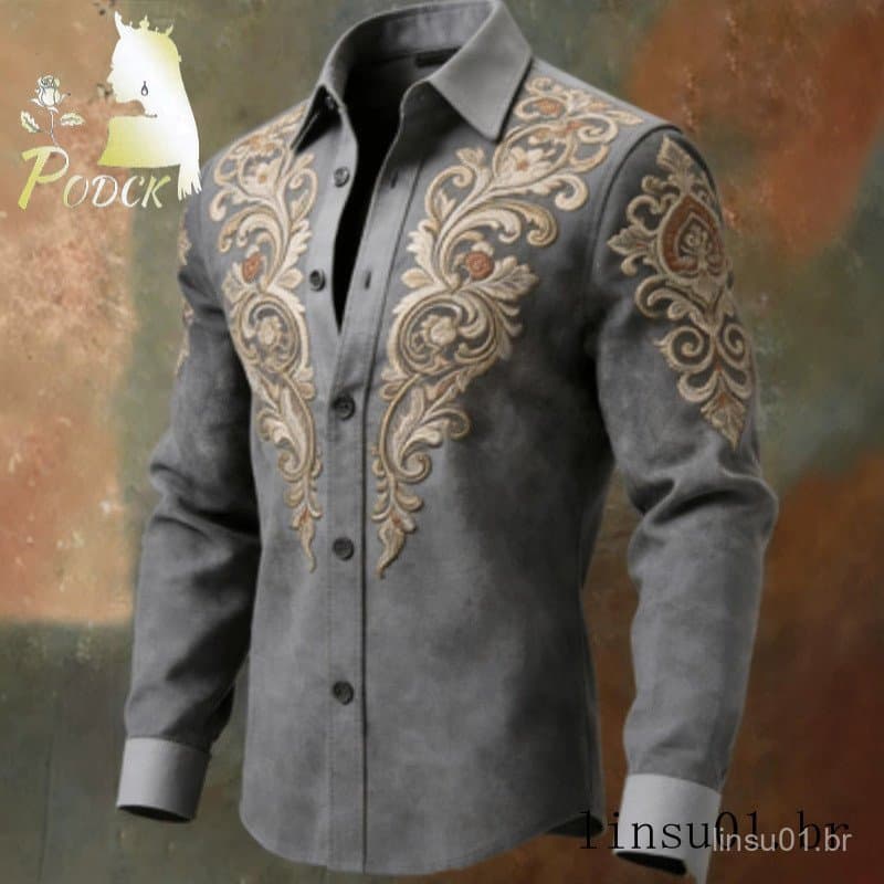 Europeu americano ocidental Retro cinza fundo enrolado grama Floral bordado camisa de manga comprida jeans masculino