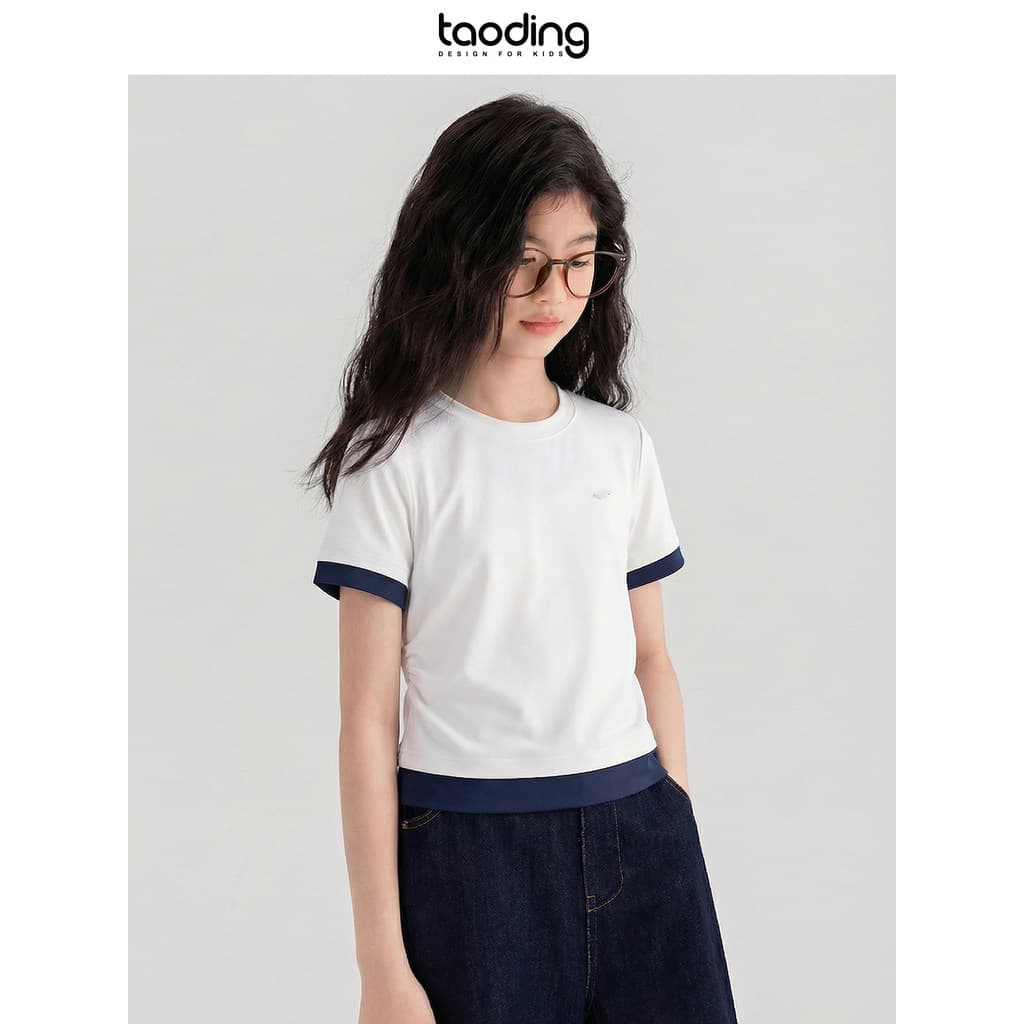 Taoting Meninas Verão Camiseta de Manga Curta Grande Crianças Design Sentindo All-Match Casual Falso Duas Peças Redondas