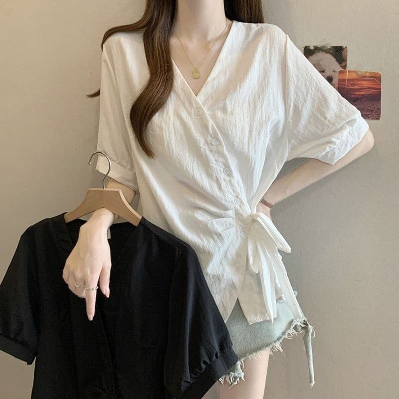 Plus Size feminino verão Irregular com decote em v camisa de manga curta mais magro olhar redução de idade estreita-