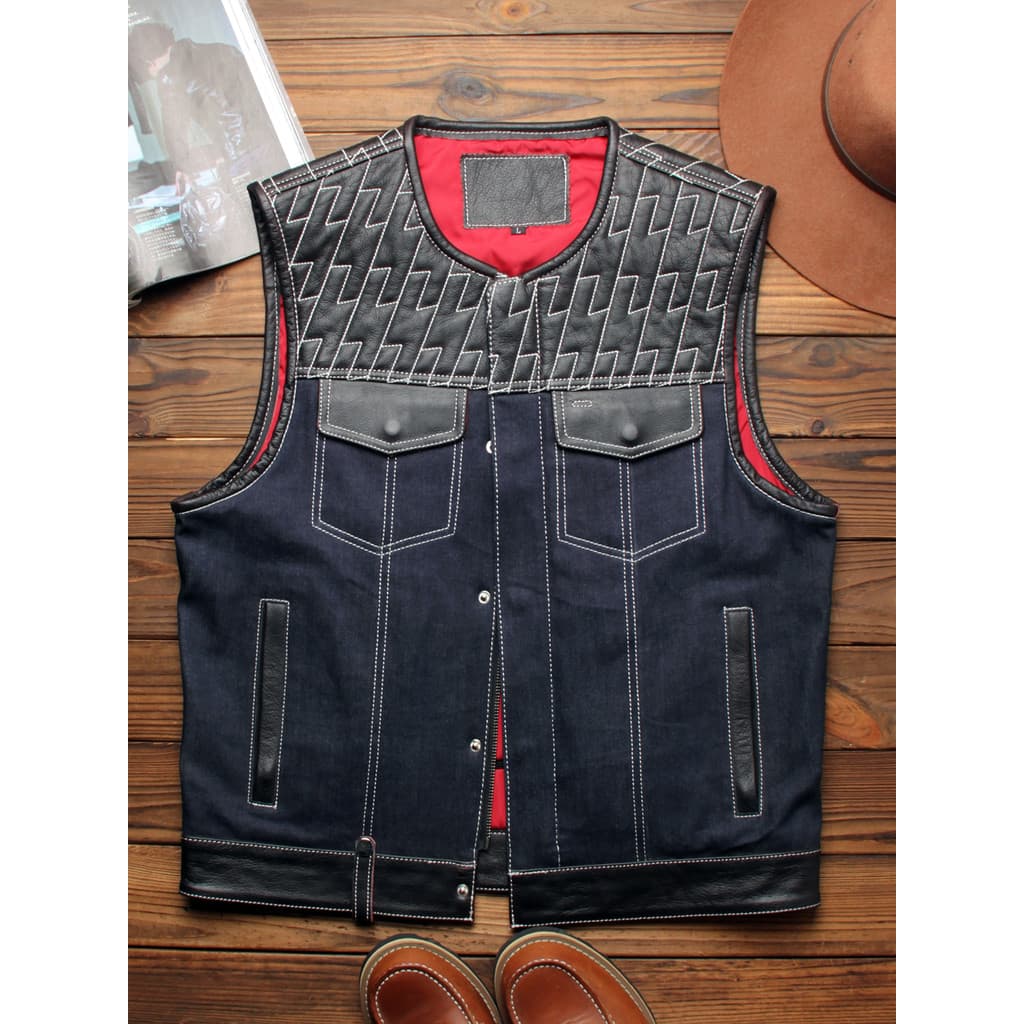 Son of Chaos Colete de couro genuíno masculino jeans com gola redonda Slim fit clube carro terno colete de couro