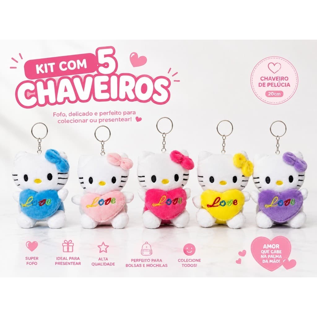 kit com 5 e 10 Chaveiro Pelúcia hello kitty | Colecionável Importado - Modelos Variados