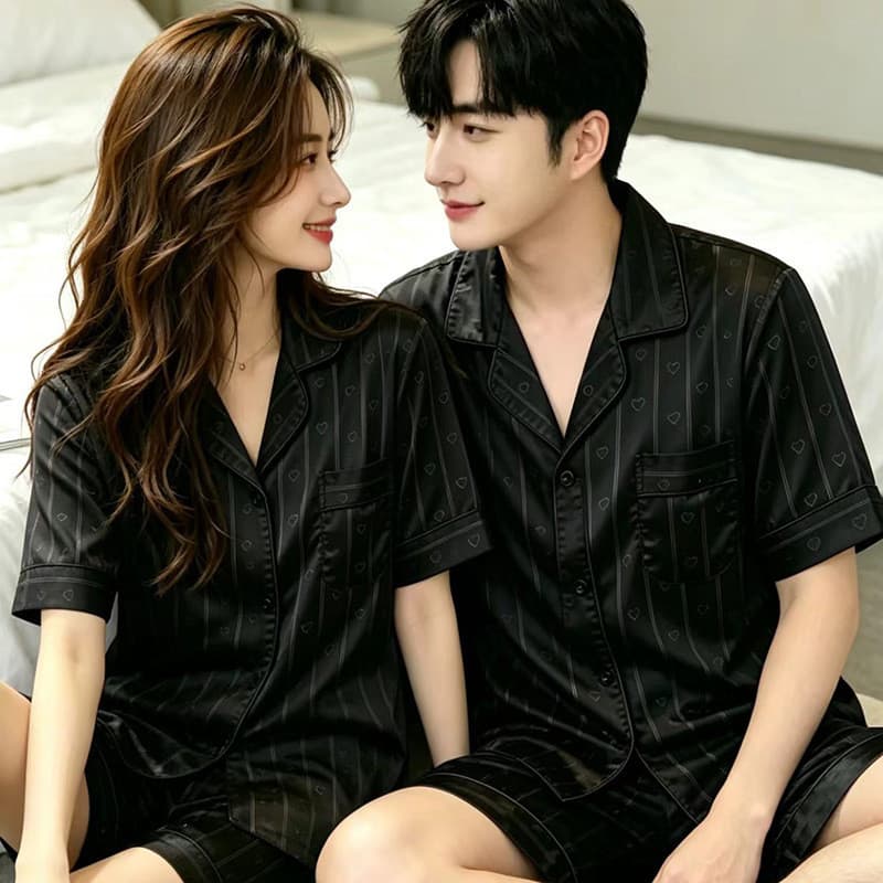 [Novo produto] Jacquard amor casal pijamas de seda gelo masculino feminino verão de manga curta masculino High-End fino
