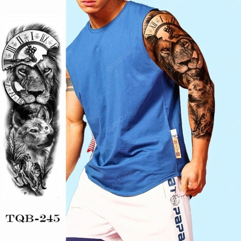 Braço Inteiro Tatuagem Temporária Olho Relógio Leão Crânio Engrenagem Manipulador Solider Guerreiro Homem Arte Do Corpo
