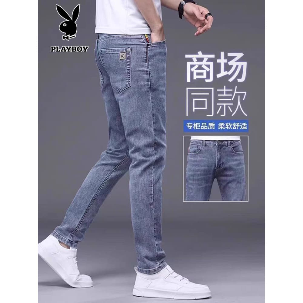Playboy verão fino High-End Jeans masculino em linha reta magro ajuste calças magras meninos Street Wear calças casuais