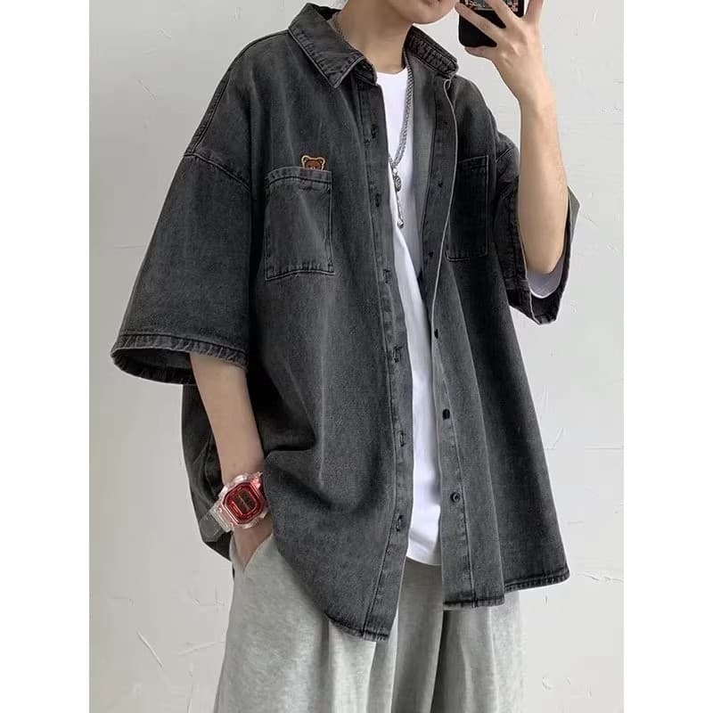Camisa jeans curta de manga curta masculina americana Street Wear solto estilo preguiçoso casal camisa de meia manga ver