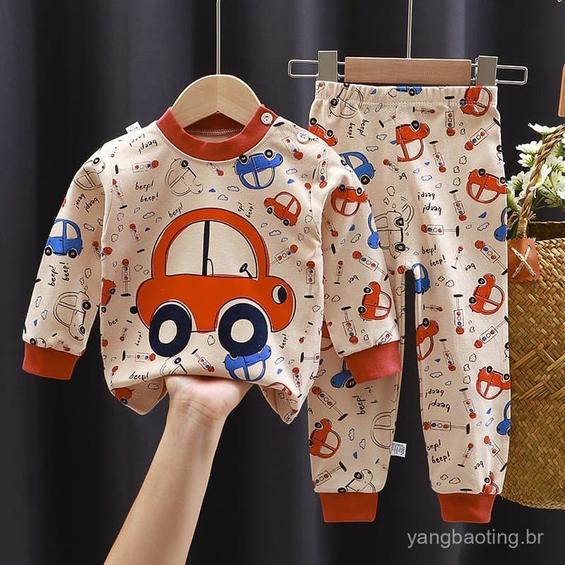 Conjunto de roupa interior infantil, roupa de dormir de algodão para meninos, top +conjuntos de pijama de manga comprida