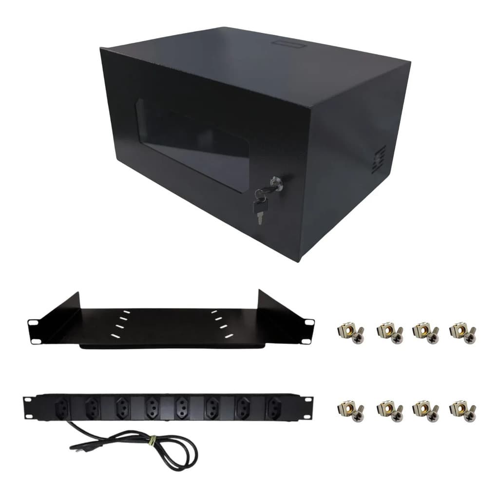 Mini Rack Servidor de Parede 19" 5U 350mm C/ 1 Bandeja e Régua 8 Tomadas Preto Para CFTV Rede