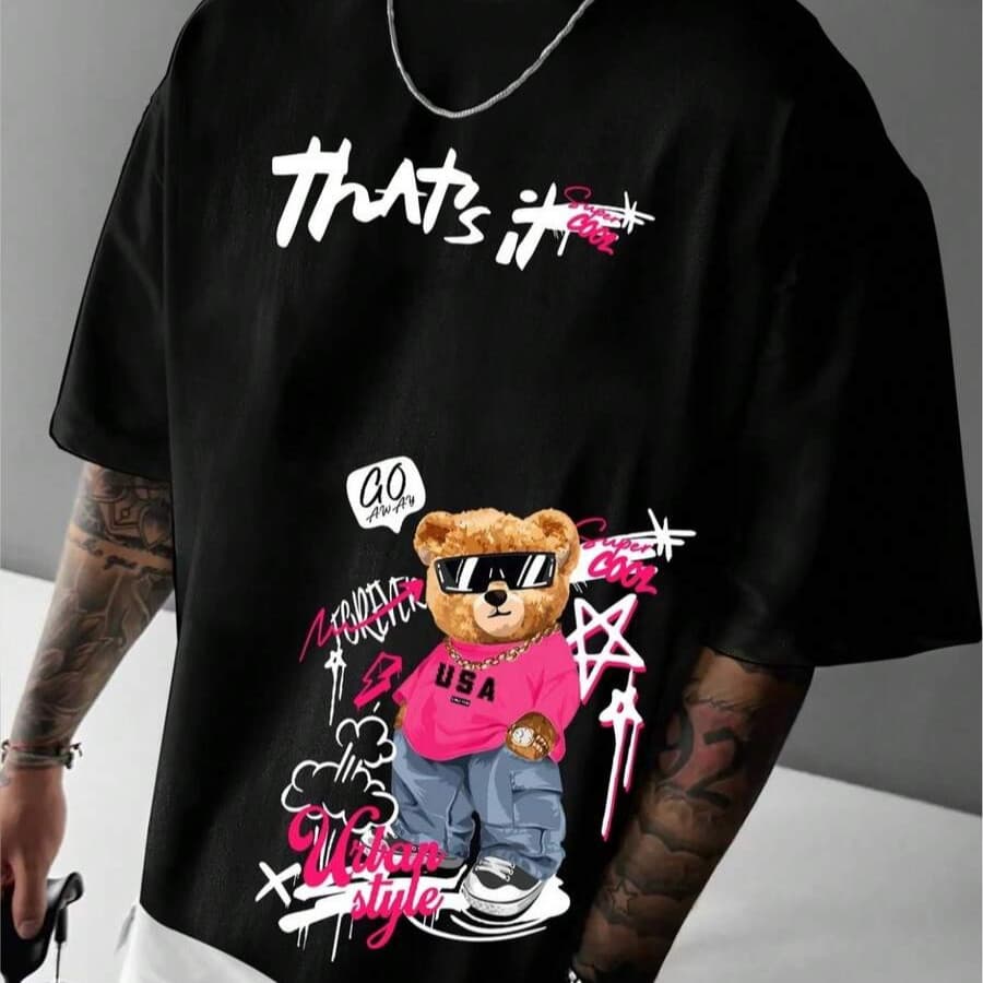 Camiseta Masculina Algodão Premium Adulto Plus Size Streetwear Over Estampado That Is Urso Lateral