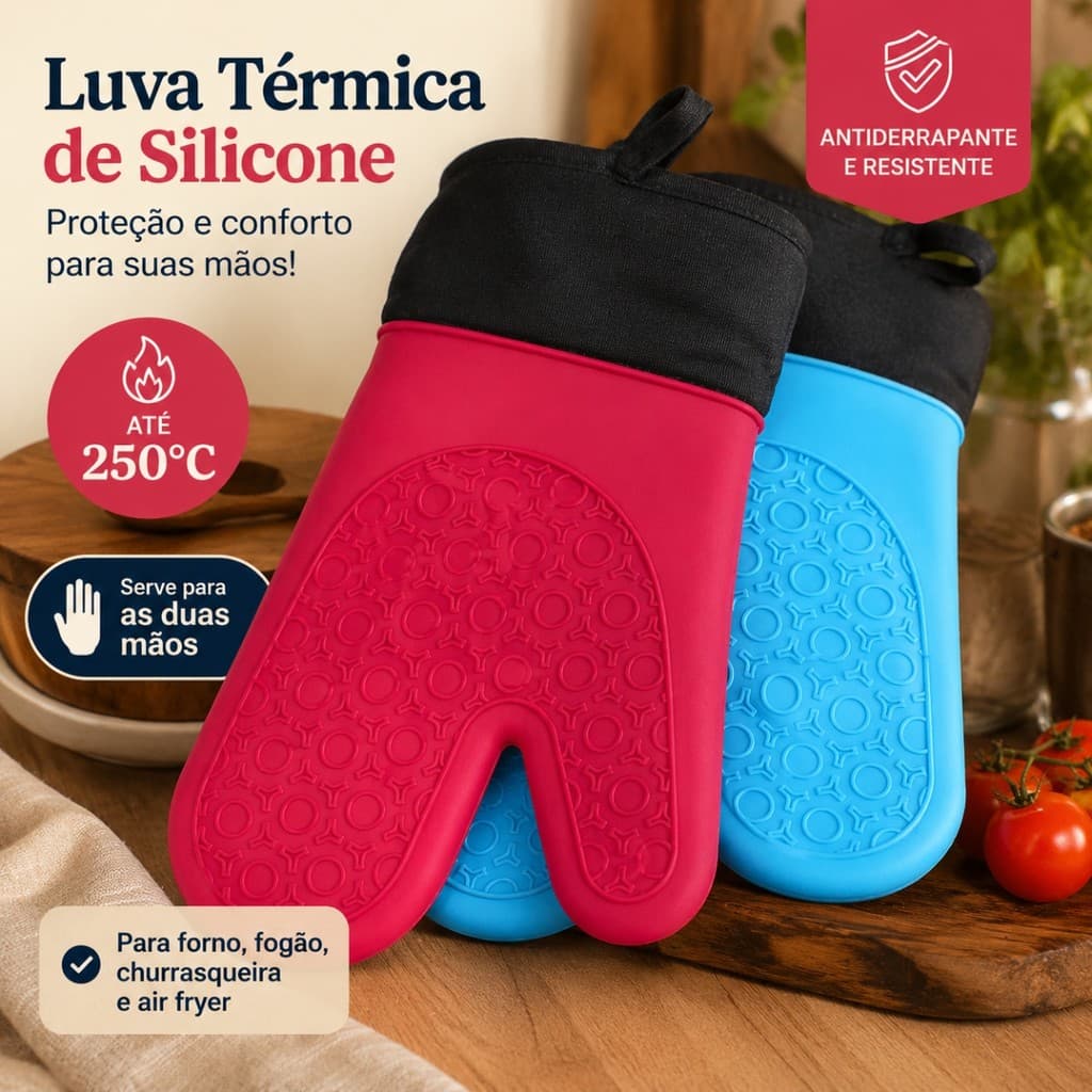 Luva Térmica De Silicone Forrada 250°C Antiderrapante Para Forno Churrasqueira Air Fryer - Mão Direita ou Esquerda