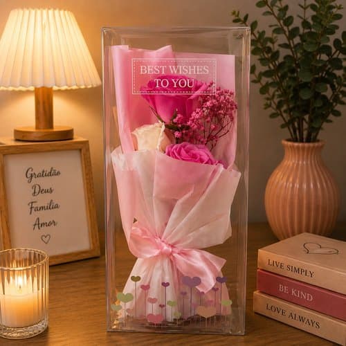 Buquê decorativo rosa caixa transparente ideal rosas artificiais 28x12x7cm