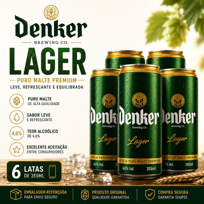 Cerveja Denker Puro Malte 355ml Lager Premium Leve PAC, 12 LATAS Refrescante Sabor Equilibradoo