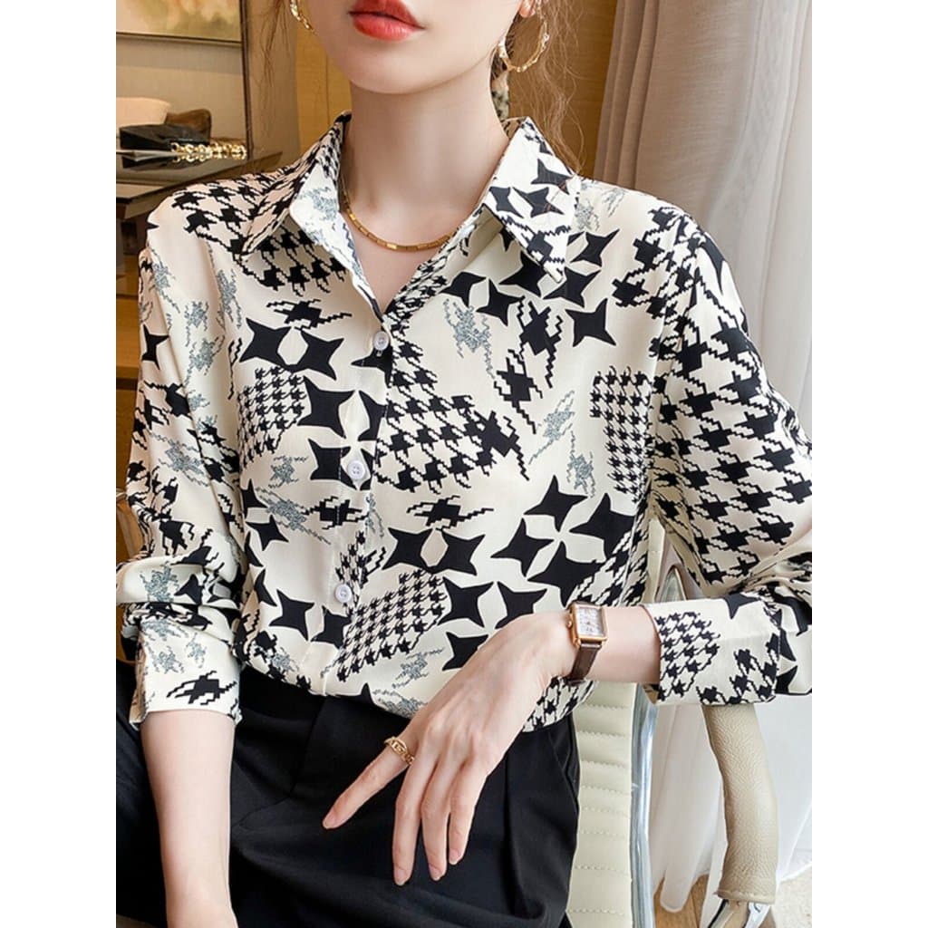 Camisa de chiffon estampada geométrica feminina 2026 primavera outono novo estilo Design nicho chiffon camisa elegante T