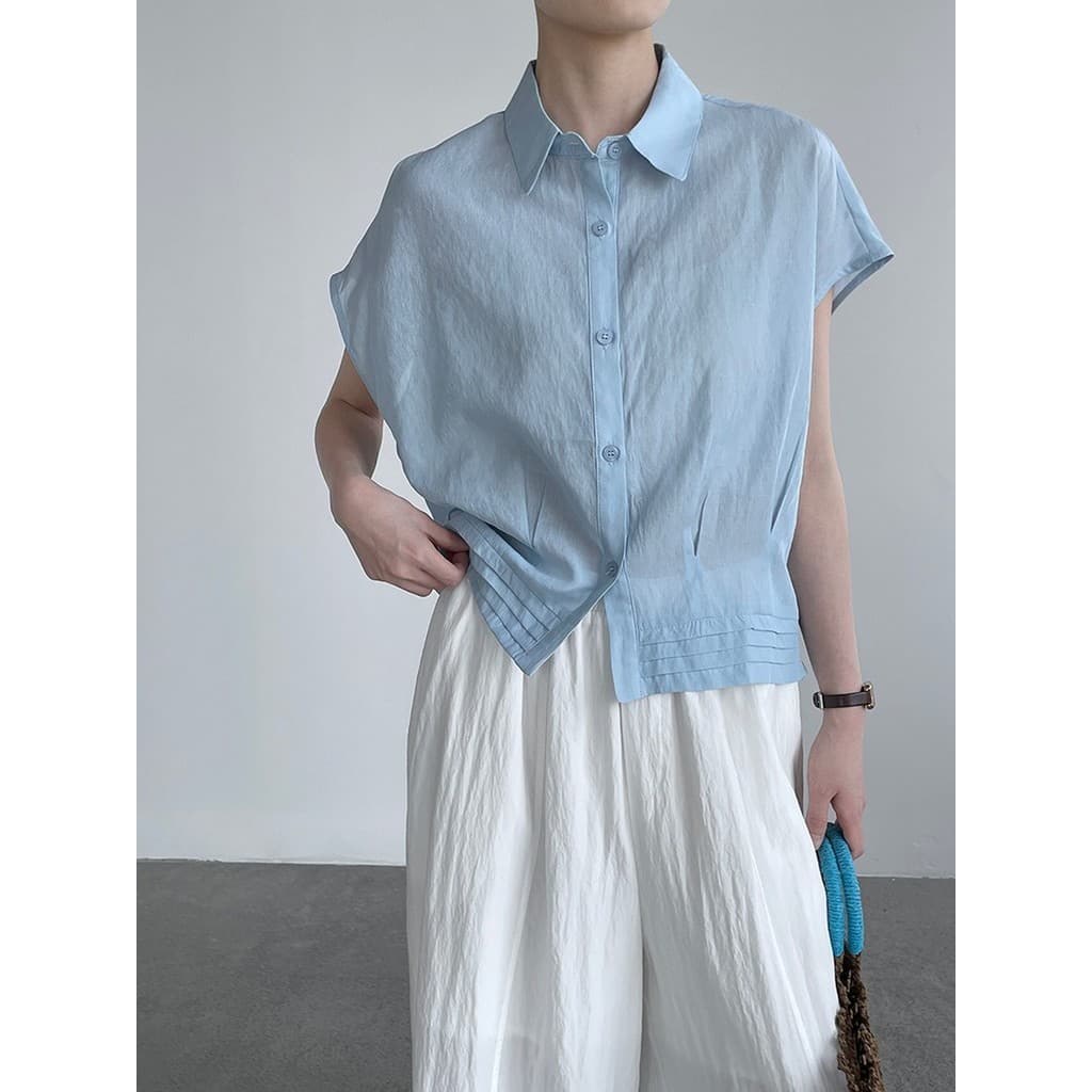 Manga de boneca de lapela azul ligeiramente transparente camisa Tencel estilo coreano gigante linda camisa de manga curt