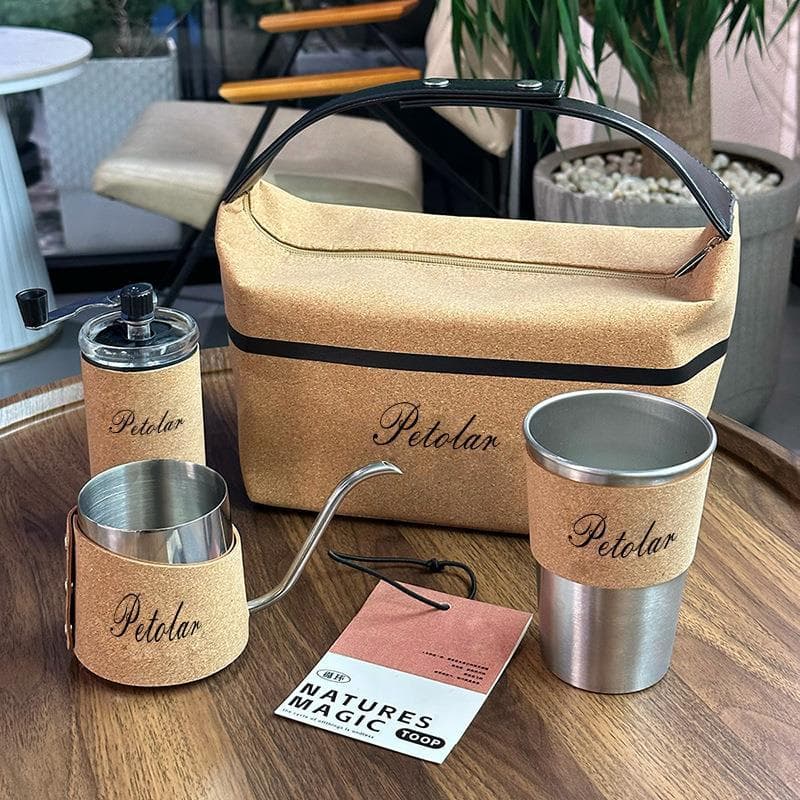 Conjunto de copo de água para acampamento ao ar livre, capa de cortiça com isolamento, cafeteira, aço inoxidável, derram