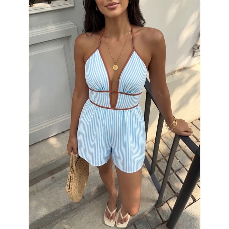Moda Feminina Macacão Roupas Femininas Estilo Falso Listrado Halter Pescoço Profundo V De Uma Peça