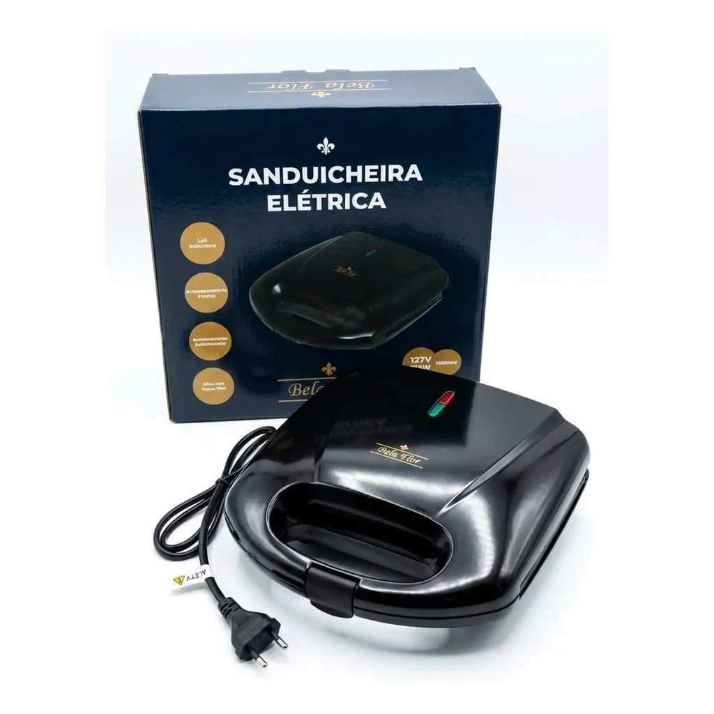Sanduicheira Elétrica Grill 750w, Antiaderente Preta Bela Flor 110v