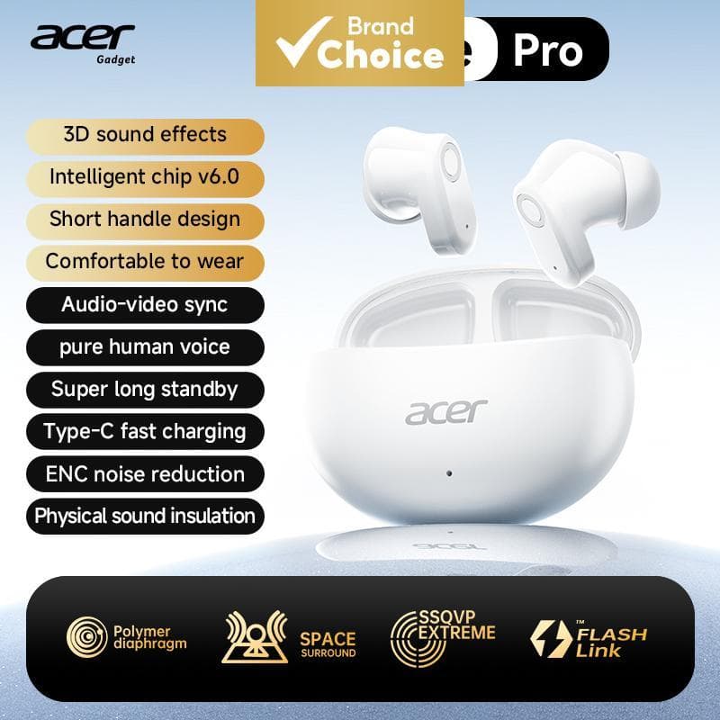 Fones de Ouvido Acer Gadget White Pro Bluetooth Sem Fio, redução de ruído, fones de ouvido gamer, verdadeiro TWS ENC,