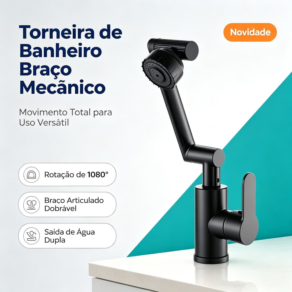 Torneira Cozinha ABS Cromada Braço Articulado com Rotação 1080° Dois Jatos Misturador Monocomando Pia de Balcão