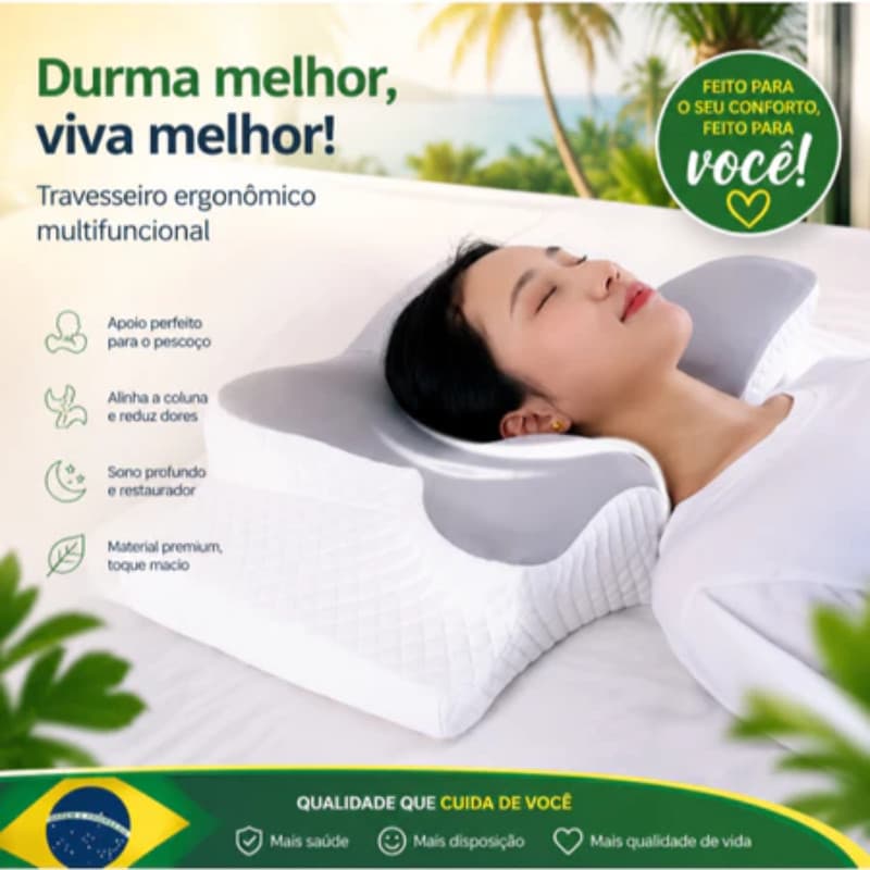 TRAVESSEIRO ORTOPÉDICO BORBOLETA CERVICAL PARA COMBATE A DORES NA COLUNA, DORES DE CABEÇA - VISCOELASTICO FRONHA LAVÁVEL