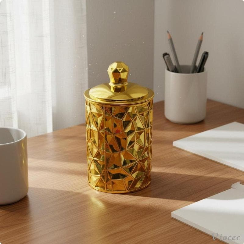 [Viocee] Recipiente Decorativo De Plástico Dourado Com Tampa Frascos De Armazenamento Duráveis Doces Para Espaço De Trab