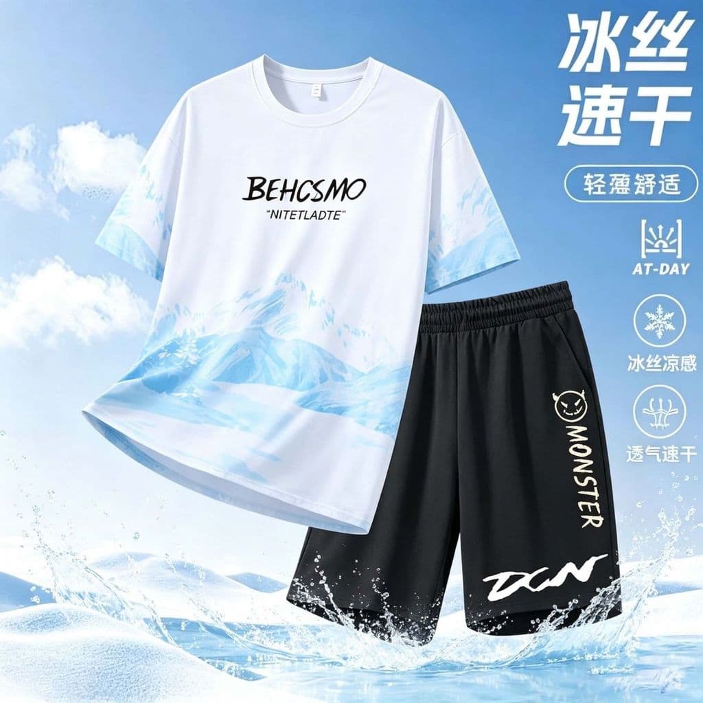Verão masculino novo estilo de manga curta camiseta Casual terno juventude gelo seda masculino ins Street Wear Shorts es