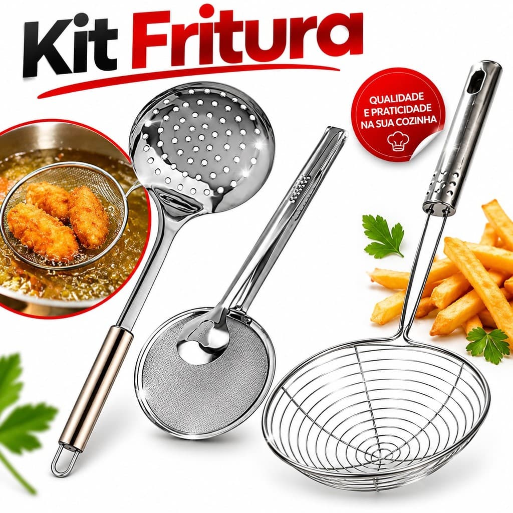 Kit Escumadeira Tradicional + Escumadeira pra Fritura + Escumadeira para Fritura Pescadora fritar Praticidade