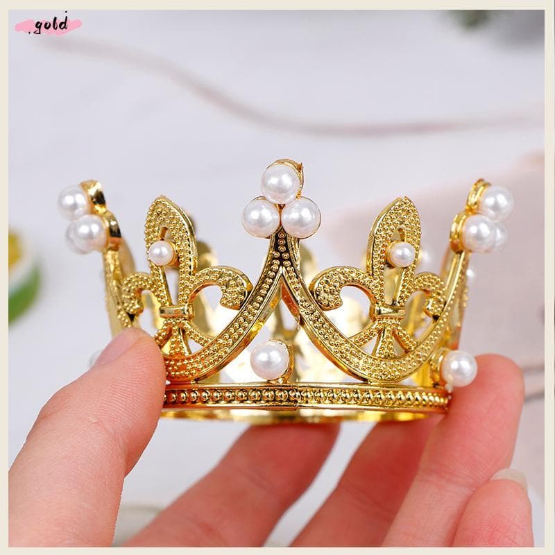 Ouro 1 Peça Mini Coroa Bolo Topper Cristal Pérola Tiara Crianças Enfeites De Cabelo São