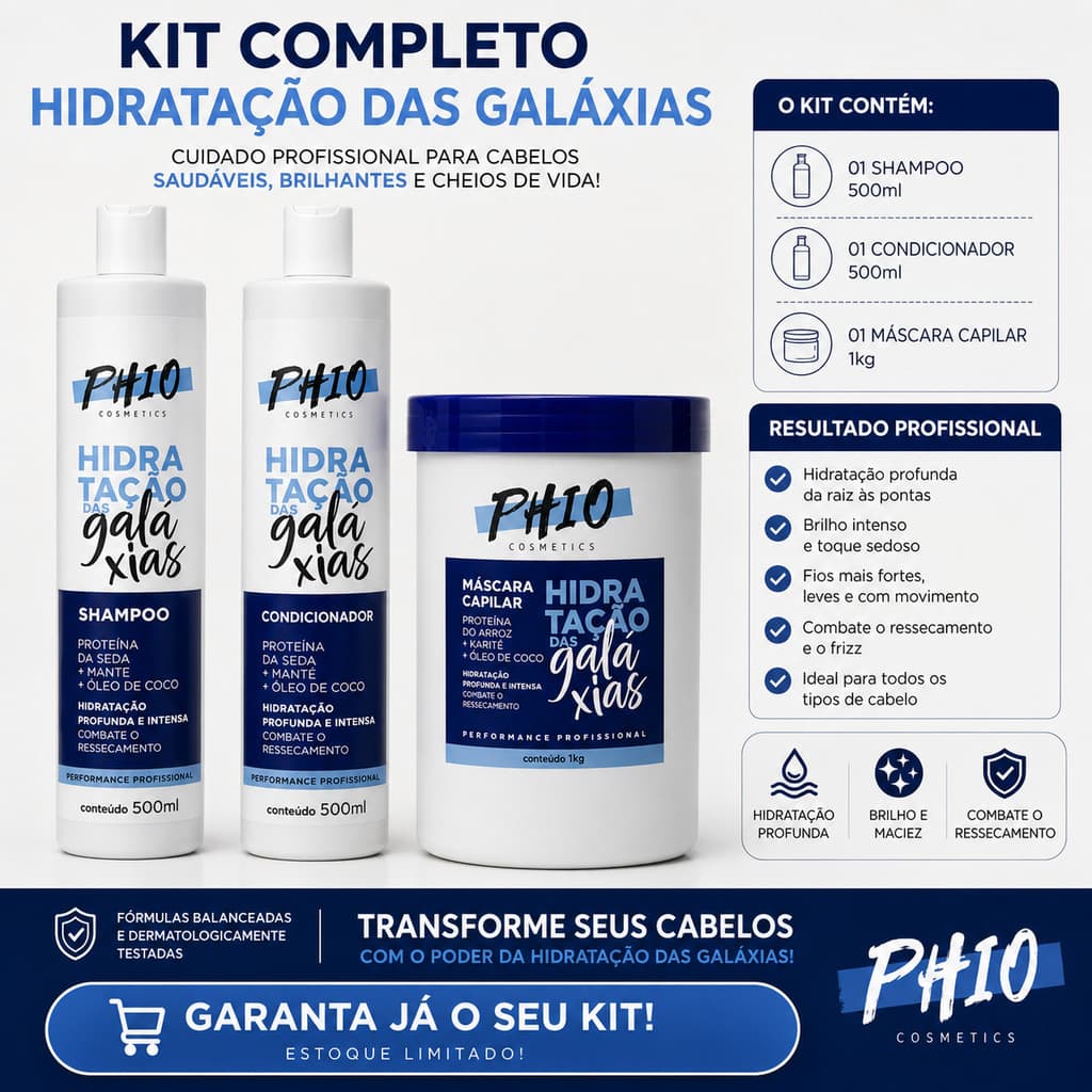 Kit PH10 Hidratação das Galáxias Shampoo Condicionador e Máscara 1kg