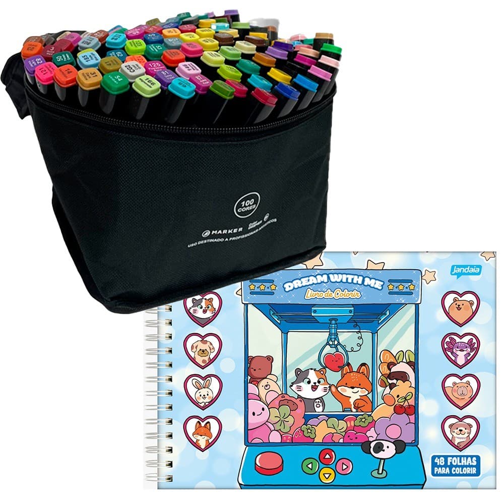 Kit marcador 100 cores + livro de pintar grande azul